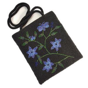 Vintage SWEE LO Beaded Evening Bag Black Floral Butterfly Elegant Small Purse